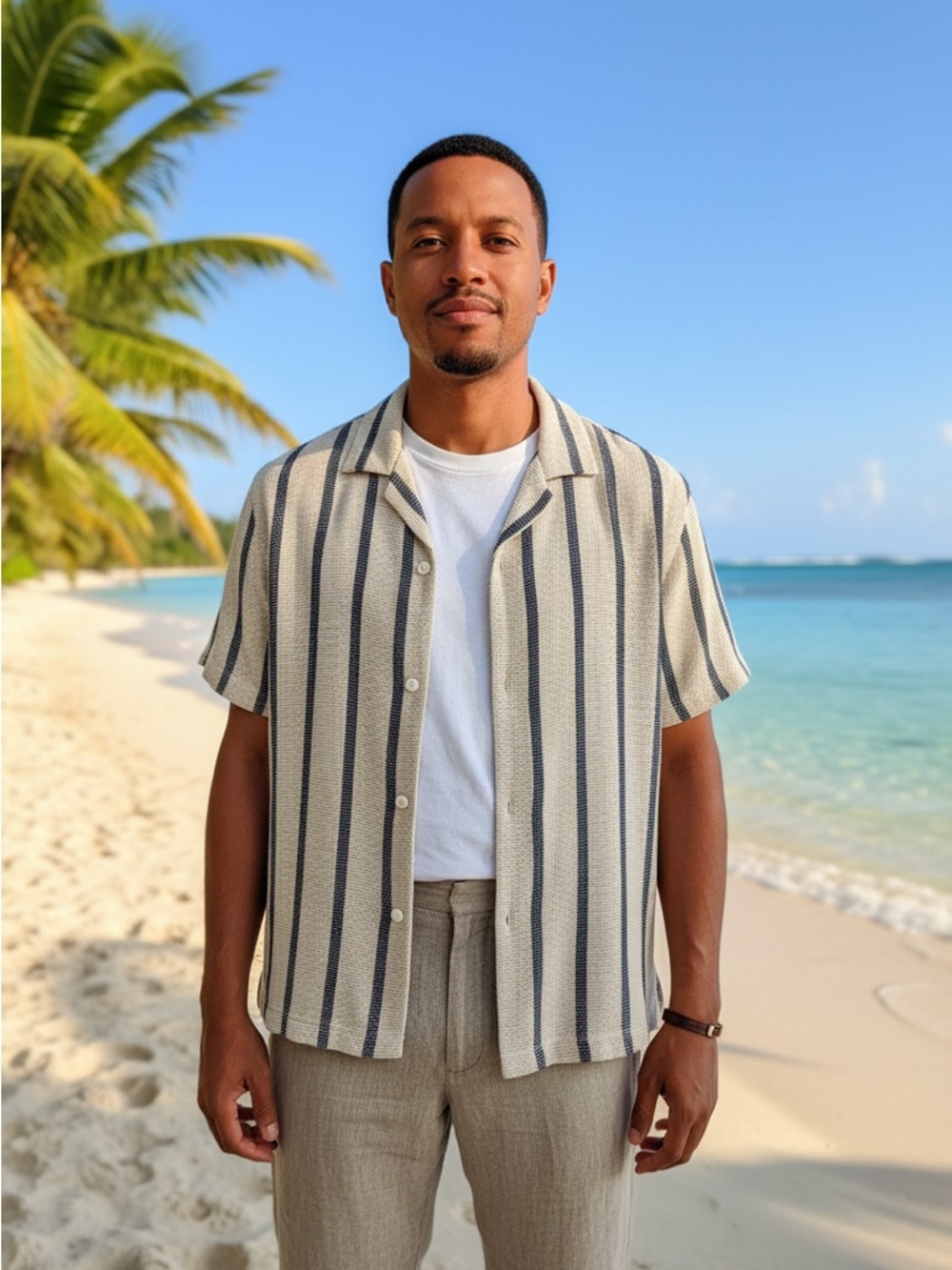 Men's Short-Sleeve Striped Button-Up Shirt & Linen pants - Cream & Navy